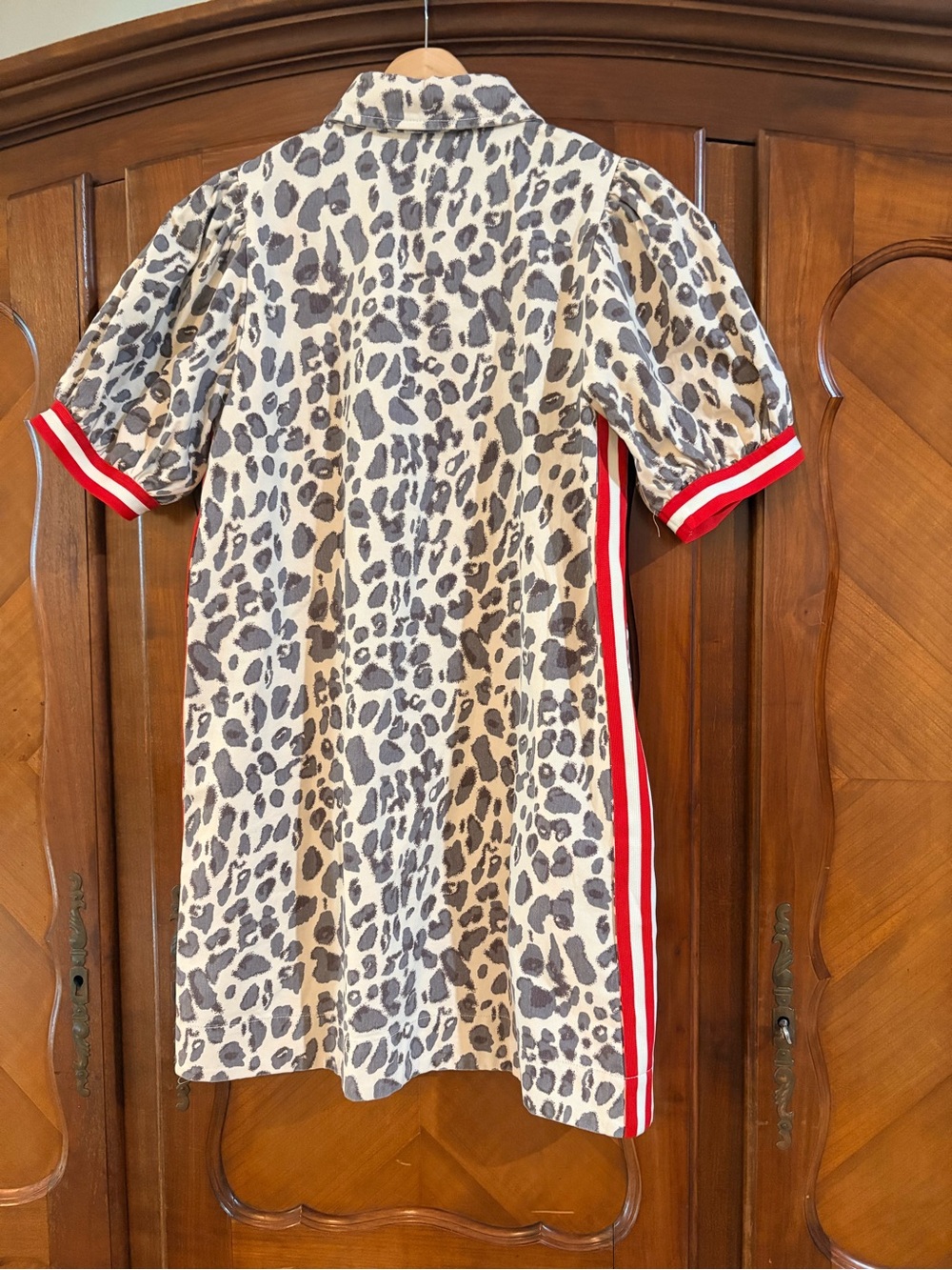 Entro Ecru Leopard Print Puff-Sleeve Shift Dress with Red Trim size s # 1241 - Picture 7 of 8